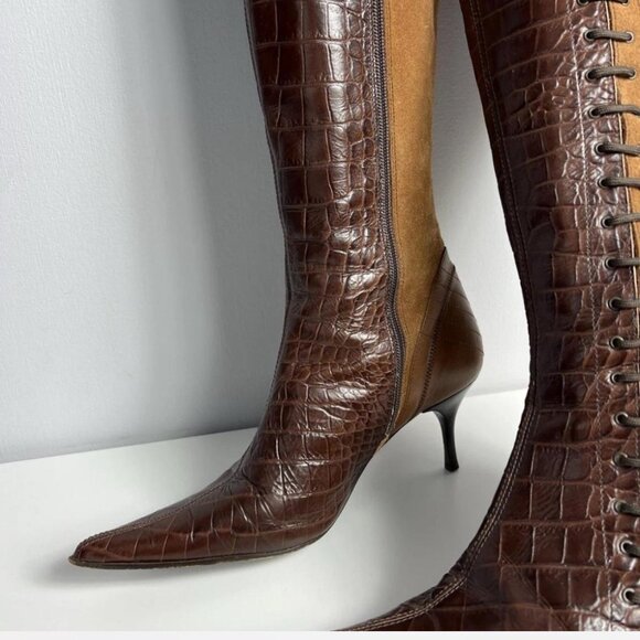 Vintage Avant Garde Just Cavalli Leather Knee High Boots Brown Croc Pointed Toe - Picture 4 of 7